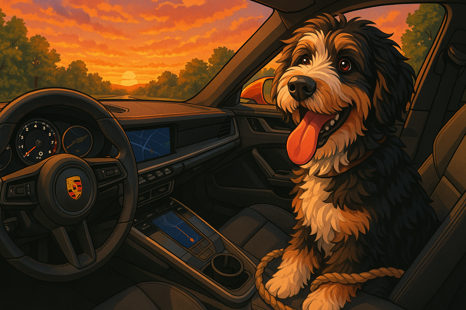 Kota the Bernese Mountain Dog with a Porsche