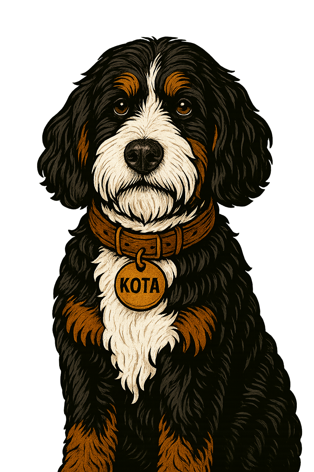 Illustration of Kota, a Bernese Mountain Dog wearing a KOTA name tag