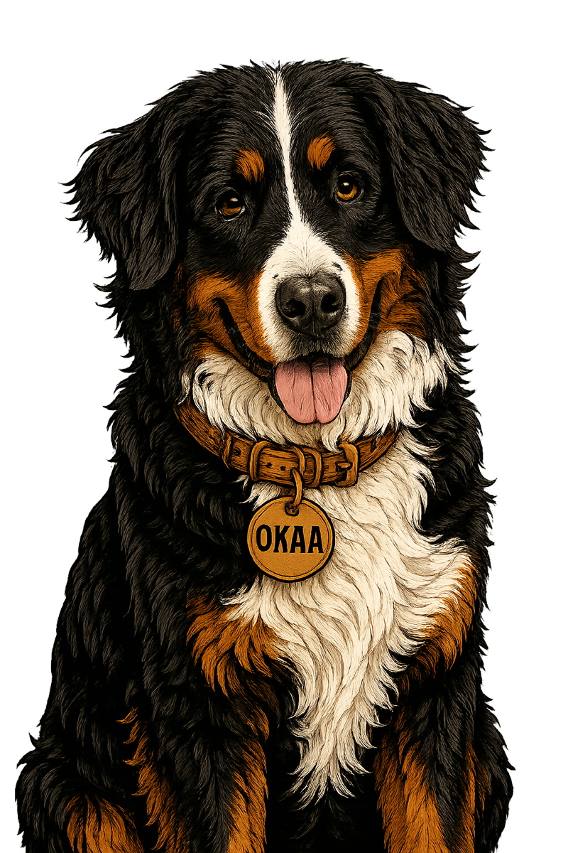 Illustration of Okaa Mocha, a Bernese Mountain Dog wearing an OKAA name tag